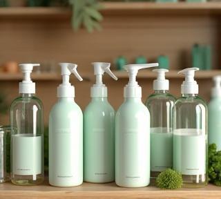 Produits d’entretien écologiques alignés sur une étagère.